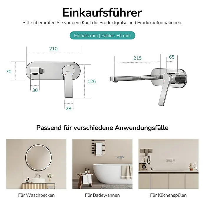 Emke Waschtischarmatur Arcspout XF22 - Chrom, Glänzend - Chromfarbener Wandarmatur mit Einhebelmischer, mit Maßen und Einsatzbeispielen für Waschbecken, Badewannen und Spülen.
