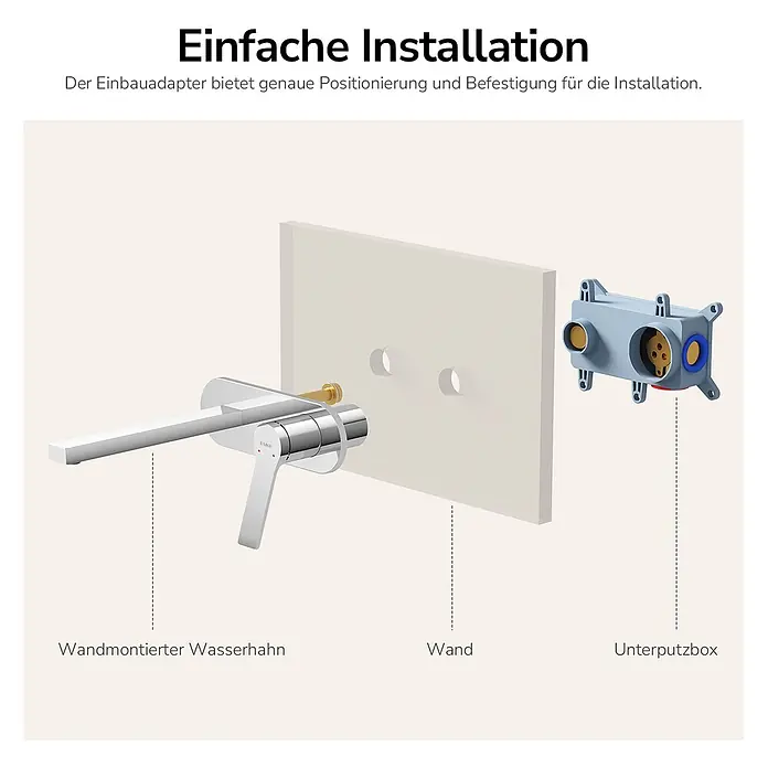 Emke Waschtischarmatur Arcspout XF22 - Chrom, Glänzend - Komponenten eines verchromten Wandarmatur: sichtbare Armatur, Wand und Unterputzbox, für einfache, präzise Montage.