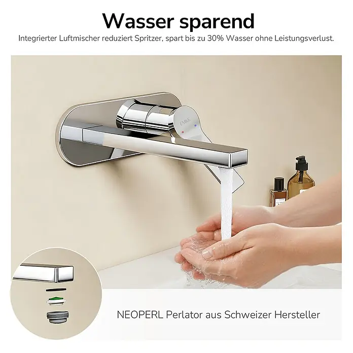 Emke Waschtischarmatur Arcspout XF22 - Chrom, Glänzend - Verchromte Wandarmatur, aus der Wasser in Hände fließt, mit wassersparendem NEOPERL Perlator.