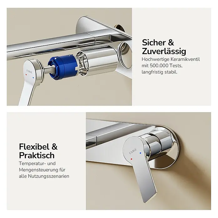 Emke Waschtischarmatur Arcspout XF22 - Chrom, Glänzend - Verchromter Einhebelmischer mit freiliegender blauer Keramikkartusche und Einbauansicht.