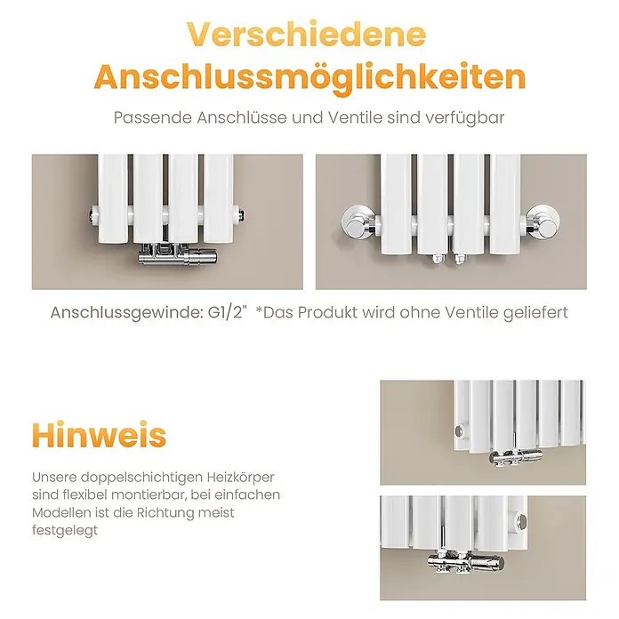 Emke Designheizkörper OR - Weiß - Weiße Heizkörper mit verschiedenen Anschlussmöglichkeiten: zentraler Bodenanschluss und seitliche Anschlüsse für flexible Montage.