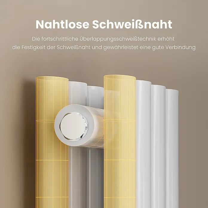 Emke Designheizkörper OR - Weiß - Nahaufnahme eines Heizkörpers mit weißen Zylinderelementen und einer gelb hervorgehobenen, nahtlosen Schweißnaht.