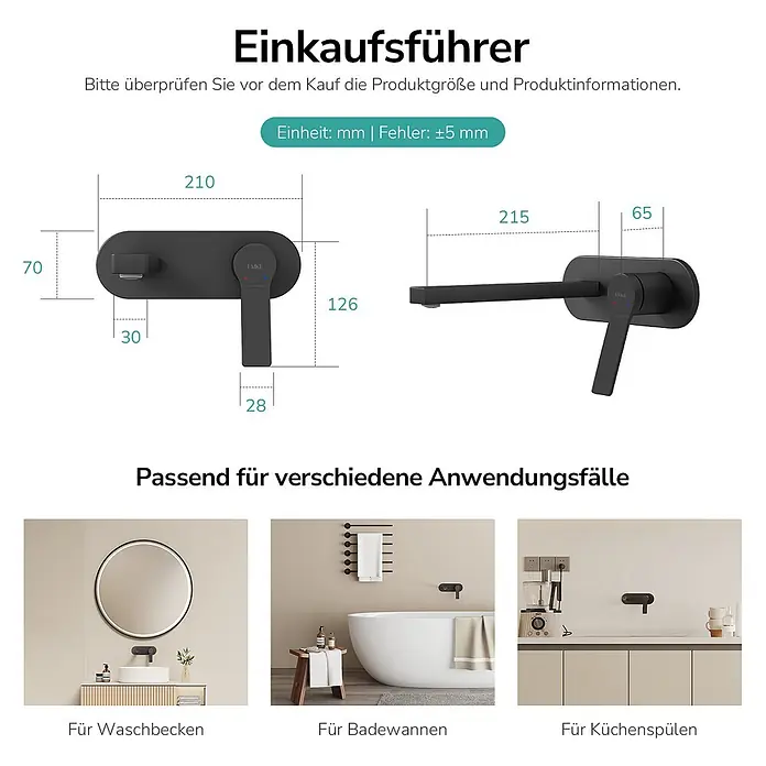 Emke Waschtischarmatur Arcspout XF22 - Schwarz, Matt - Schwarze Wandarmatur mit Maßen, gezeigt für Waschbecken, Badewannen und Küchenspülen.