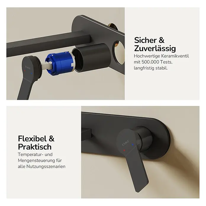 Emke Waschtischarmatur Arcspout XF22 - Schwarz, Matt - Schwarze Wandarmatur mit Keramikventil und verstellbarem Hebel zur Temperatur- und Mengensteuerung.