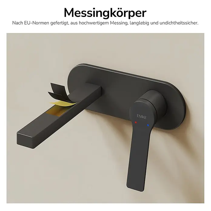 Emke Waschtischarmatur Arcspout XF22 - Schwarz, Matt - Dunkelgraue Wandarmatur aus Messing mit flachem Auslauf und Hebelgriff.