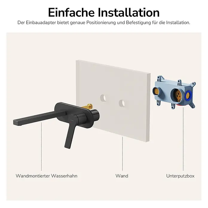 Emke Waschtischarmatur Arcspout XF22 - Schwarz, Matt - Schwarzer Wandwasserhahn mit Griff, in einem Diagramm mit Wand und Unterputzbox gezeigt.