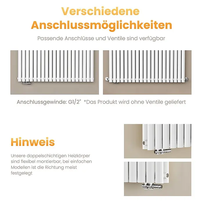 Emke Designheizkörper OR - Weiß - Weiße Heizkörper mit verchromten Anschlüssen, die verschiedene Montagepositionen zeigen.
