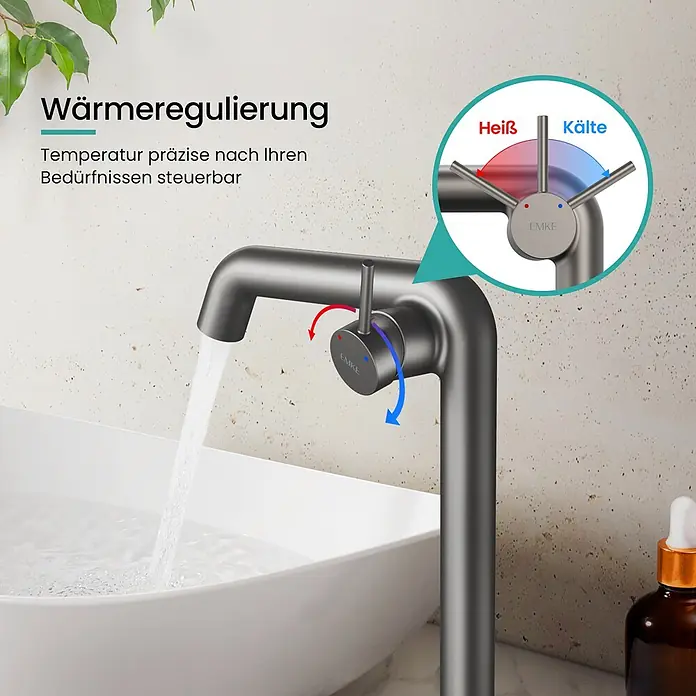 Emke Waschtischarmatur Flowcurv XF24 - Grau, Matt - Dunkelgraue Armatur mit Wasserfluss in weißem Waschbecken. Die Temperaturregulierung für Heiß und Kalt ist illustriert.