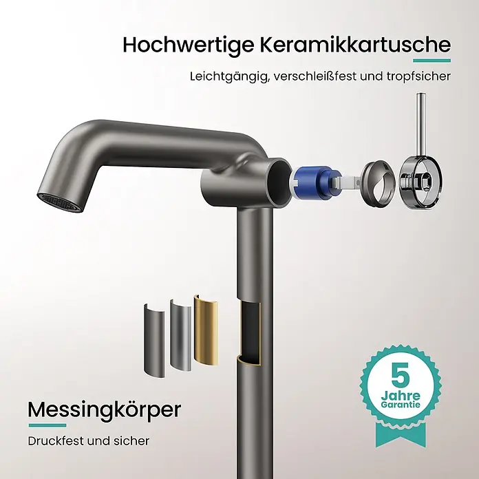 Emke Waschtischarmatur Flowcurv XF24 - Grau, Matt - Explosionszeichnung eines dunkelgrauen Wasserhahns, zeigt hochwertige Keramikkartusche und druckfesten Messingkörper.