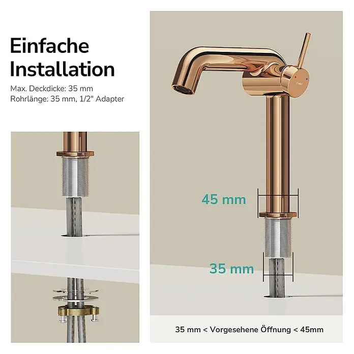 Emke Waschtischarmatur Flowcurv XF24 - Roségold, Glänzend - Roségold-Armatur mit Einbaumaßen: max. 35mm Deckdicke, 35mm Rohrlänge, 1/2" Adapter. Erfordert 35-45mm Lochöffnung.