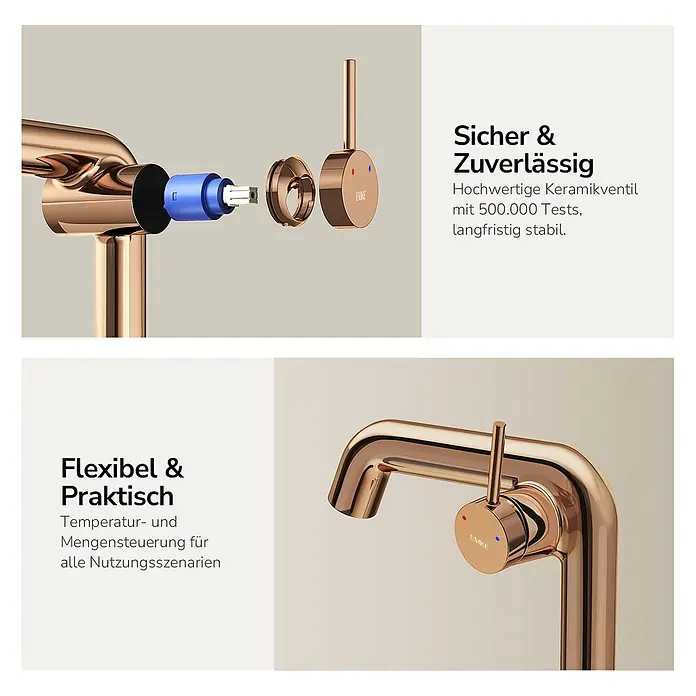 Emke Waschtischarmatur Flowcurv XF24 - Roségold, Glänzend - Roségoldene Küchenarmatur mit Keramikventil in Explosionszeichnung und Griff für Temperatur- und Mengensteuerung.