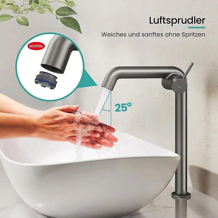 Emke Waschtischarmatur Flowcurv XF24 - Grau, Matt - Dunkelgraue Armatur mit Neoperl-Luftsprudler für sanften, spritzfreien 25°-Wasserfluss, Händewaschen im Waschbecken.