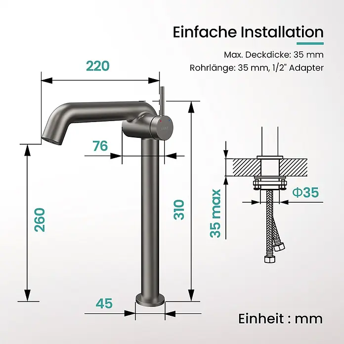 Emke Waschtischarmatur Flowcurv XF24 - Grau, Matt - Moderne dunkelgraue Einhebelarmatur mit Detailmaßen: 310mm Gesamthöhe, 220mm Ausladung, für max. 35mm Deckendicke und Φ35mm Loch.