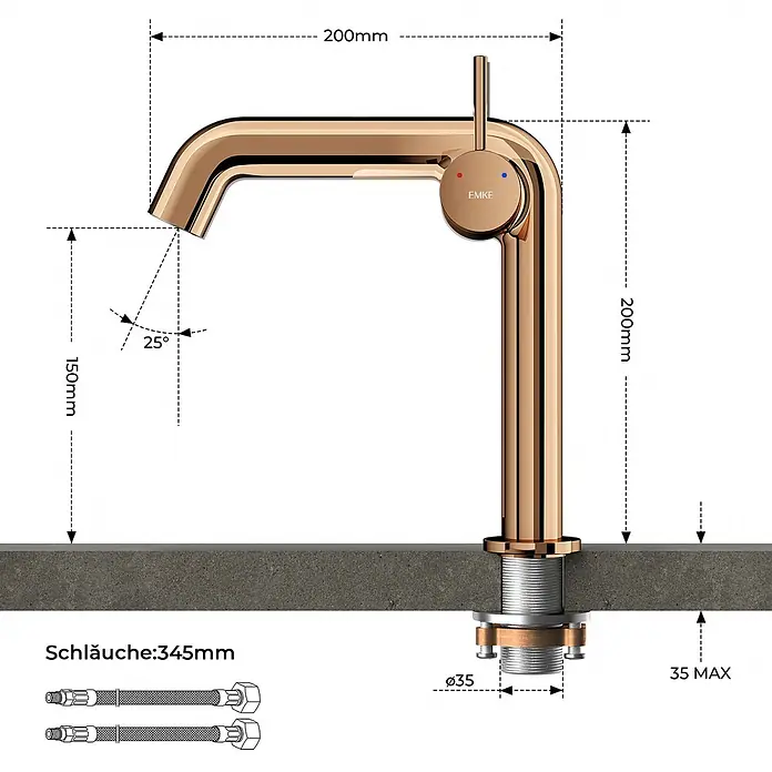 Emke Waschtischarmatur Flowcurv XF24 - Roségold, Glänzend - Roségoldener Küchenarmatur mit detaillierten Maßen für Höhe, Ausladung und Montage.