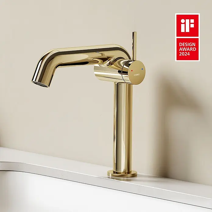 Emke Waschtischarmatur Flowcurv XF24 - Gold, Glänzend - Polierte goldene Einhebel-Mischbatterie.