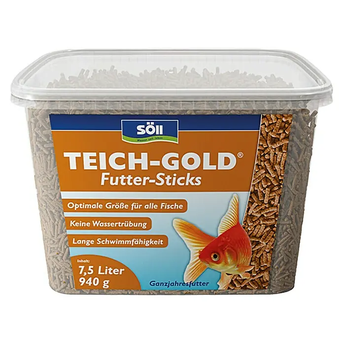 Söll Teich-Gold Teich-Fischfutter Sticks - 940 g - Bild eines Behälters Söll Teich-Gold Futter-Sticks, einem Fischfutterprodukt, das für Teichfische geeignet ist und das ganze Jahr über verwendet werden kann.