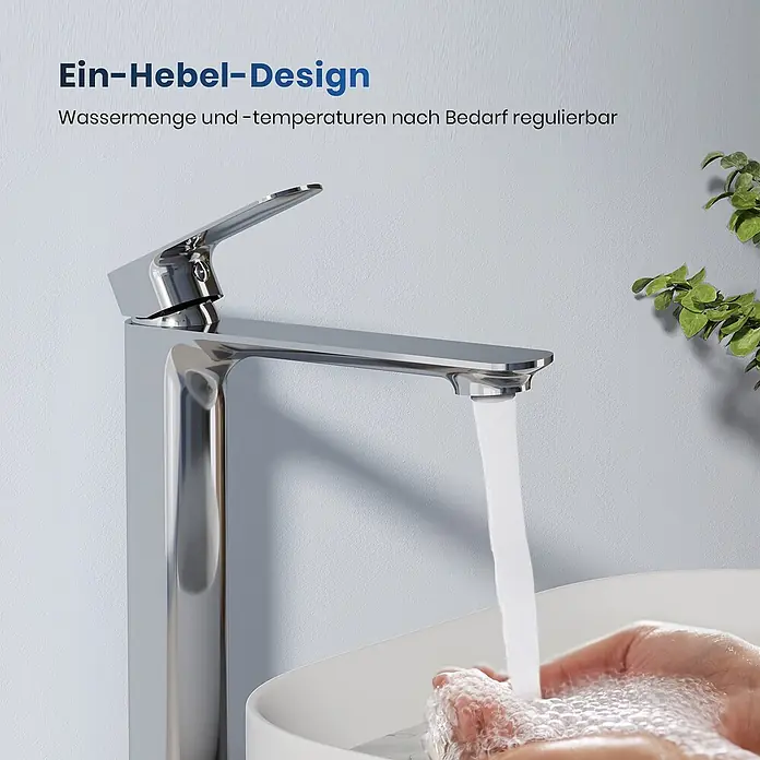 Emke Waschtischarmatur Slimtrim XF23 - Chrom, Glänzend - Glänzende Chrom-Einhebelarmatur mit fließendem Wasser in Hände, zur einfachen Regulierung von Wassermenge und -temperatur.