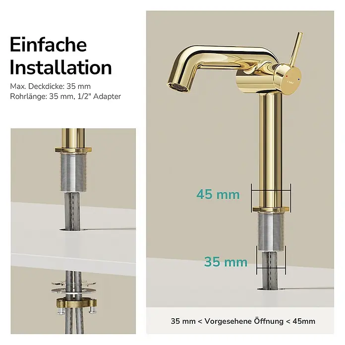 Emke Waschtischarmatur Flowcurv XF24 - Gold, Glänzend - Goldener Wasserhahn mit Installationsanleitung, max. Deckdicke 35mm und benötigter Öffnung zwischen 35mm und 45mm.