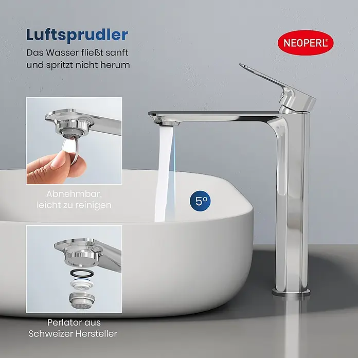 Emke Waschtischarmatur Slimtrim XF23 - Chrom, Glänzend - Verchromte Armatur mit Wasserstrahl in ein Waschbecken, zeigt ihren abnehmbaren Neoperl-Perlator für sanften, spritzfreien Fluss.