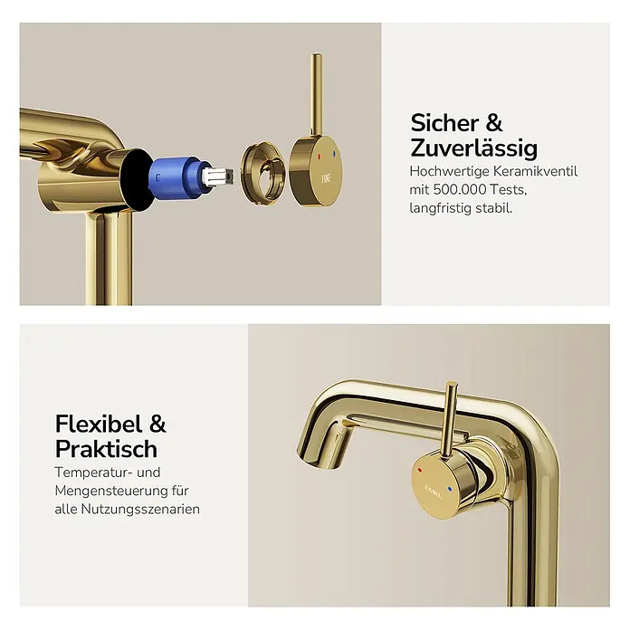 Emke Waschtischarmatur Flowcurv XF24 - Gold, Glänzend - Goldener Küchenarmatur, teilweise zerlegt mit sichtbarer blauer Keramikkartusche, und montiert mit Griff für präzise Temperatur- und Mengensteuerung.