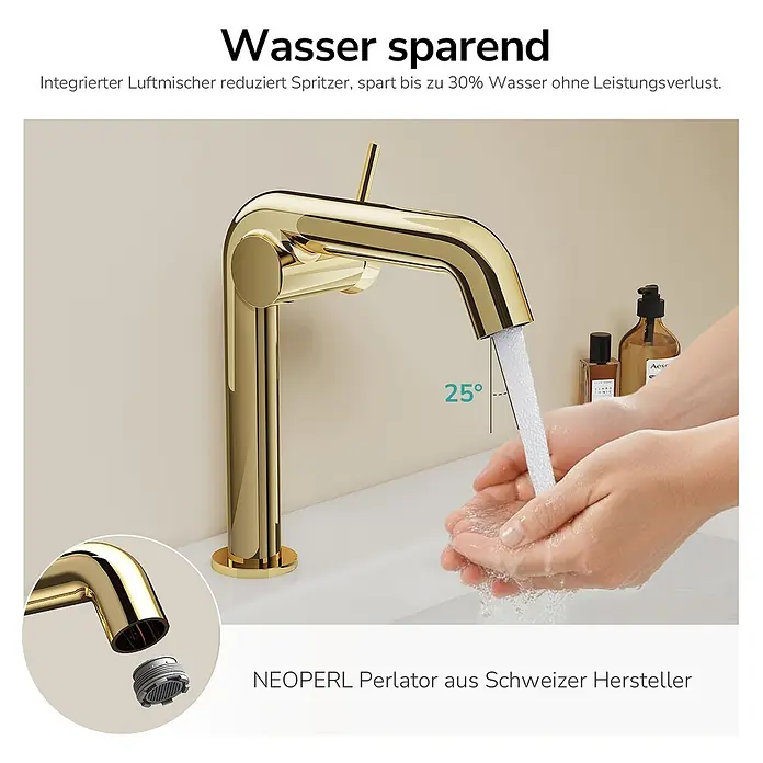 Emke Waschtischarmatur Flowcurv XF24 - Gold, Glänzend - Goldfarbener Wasserhahn mit wassersparendem Perlator, der Wasser in Hände leitet. Spart bis zu 30% Wasser.