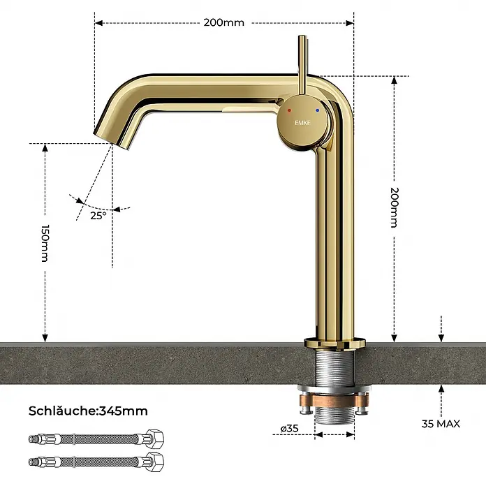 Emke Waschtischarmatur Flowcurv XF24 - Gold, Glänzend - Goldene Küchenarmatur mit Einhebelmischer. Maße: Ausladung 200mm, Auslaufhöhe 150mm, Gesamthöhe 200mm, Montageloch Ø35mm.
