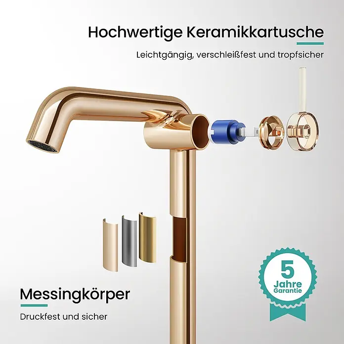Emke Waschtischarmatur Flowcurv XF24 - Roségold, Glänzend - Goldfarbener Wasserhahn in Explosionszeichnung, zeigt Keramikkartusche, Messingkörper und Innenkomponenten.