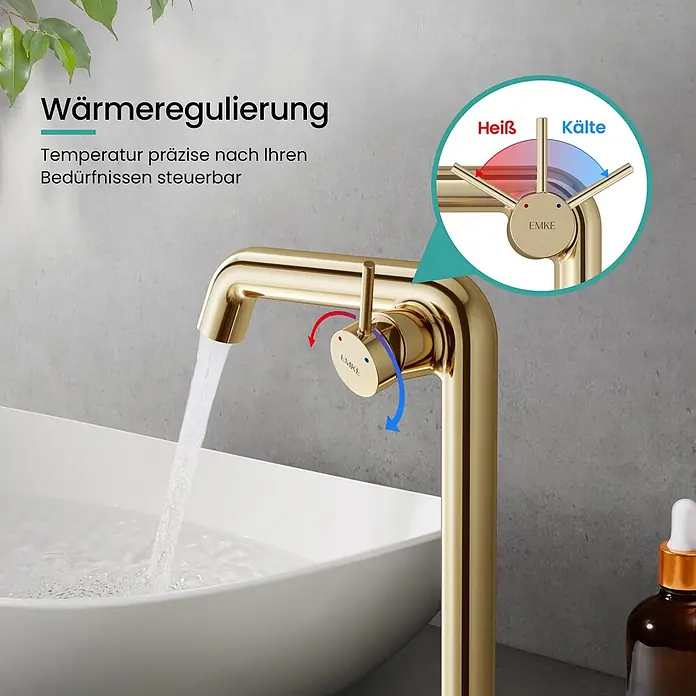 Emke Waschtischarmatur Flowcurv XF24 - Gold, Glänzend - Goldener Wasserhahn mit Hebel zur präzisen Heiß- und Kaltwasser-Temperaturregelung.