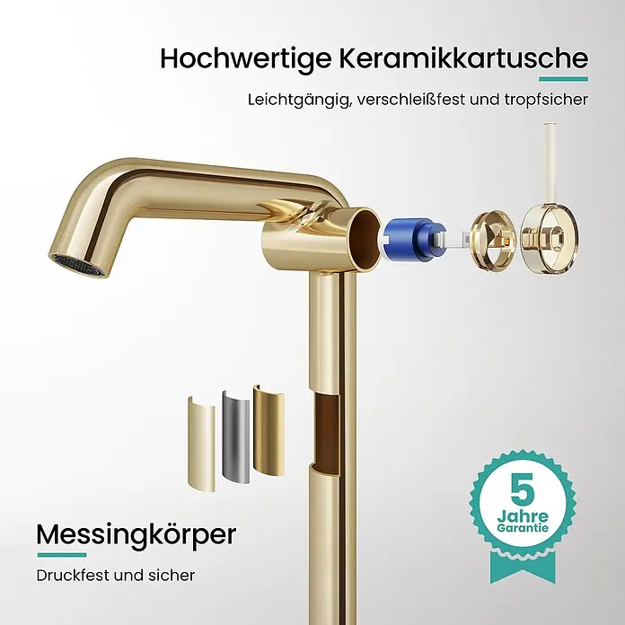 Emke Waschtischarmatur Flowcurv XF24 - Gold, Glänzend - Explosionszeichnung eines goldenen Messingwasserhahns, der seinen robusten Messingkörper und hochwertige Keramikkartusche für langlebige, tropfsichere Funktion zeigt.