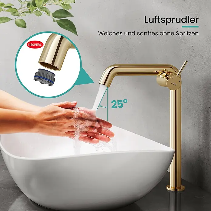Emke Waschtischarmatur Flowcurv XF24 - Gold, Glänzend - Goldener Badarmatur mit Neoperl Luftsprudler für einen weichen, spritzfreien 25-Grad-Wasserstrahl in ein Waschbecken, wo Hände gewaschen werden.