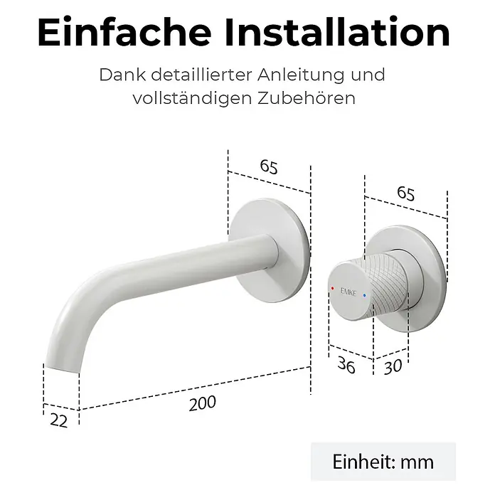 Emke Waschtischarmatur Griprill XF22 - Weiß, Matt - Weißer, wandmontierter Wasserhahn mit Steuerung und Maßangaben in mm.
