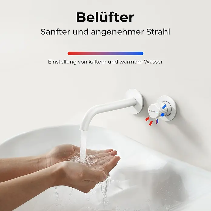 Emke Waschtischarmatur Griprill XF22 - Weiß, Matt - Weiße Wandarmatur und Drehregler über einem Waschbecken, zeigt einen sanften Wasserstrahl in die Hände und Warm-/Kaltwasserregulierung.