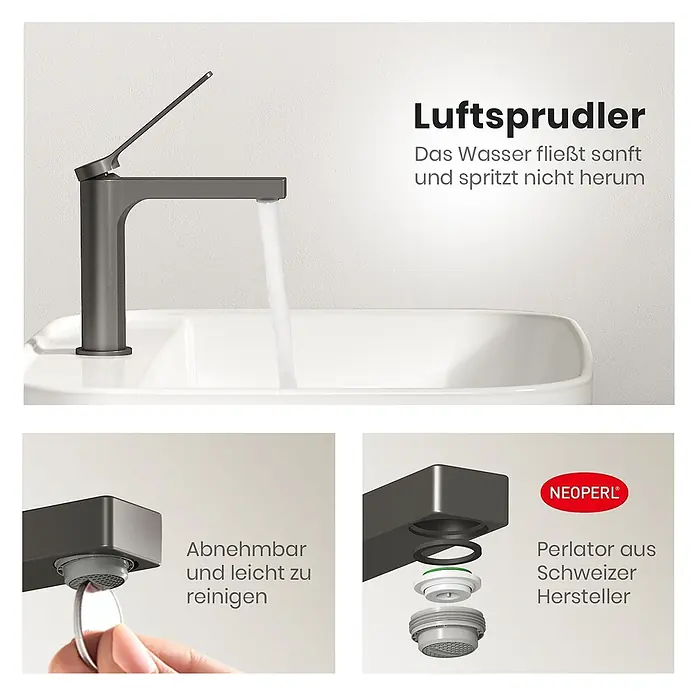 Emke Waschtischarmatur Arcspout XF21 - Grau, Matt - Dunkelgraue Armatur mit sanftem, spritzfreiem Wasserstrahl, inklusive abnehmbarem NEOPERL Perlator zur einfachen Reinigung.