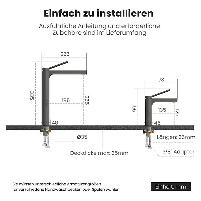Emke Waschtischarmatur Arcspout XF21 - Grau, Matt - Zwei technische Zeichnungen moderner, dunkelgrauer Armaturen in verschiedenen Größen mit Installationsmaßen. Beide haben ein schlankes, minimalistisches Design.