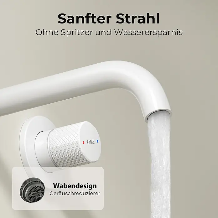 Emke Waschtischarmatur Griprill XF22 - Weiß, Matt - Weißer Wasserhahn mit sanftem Wasserstrahl und Wabendesign-Luftsprudler für spritzfreies Fließen und Wassereinsparung.