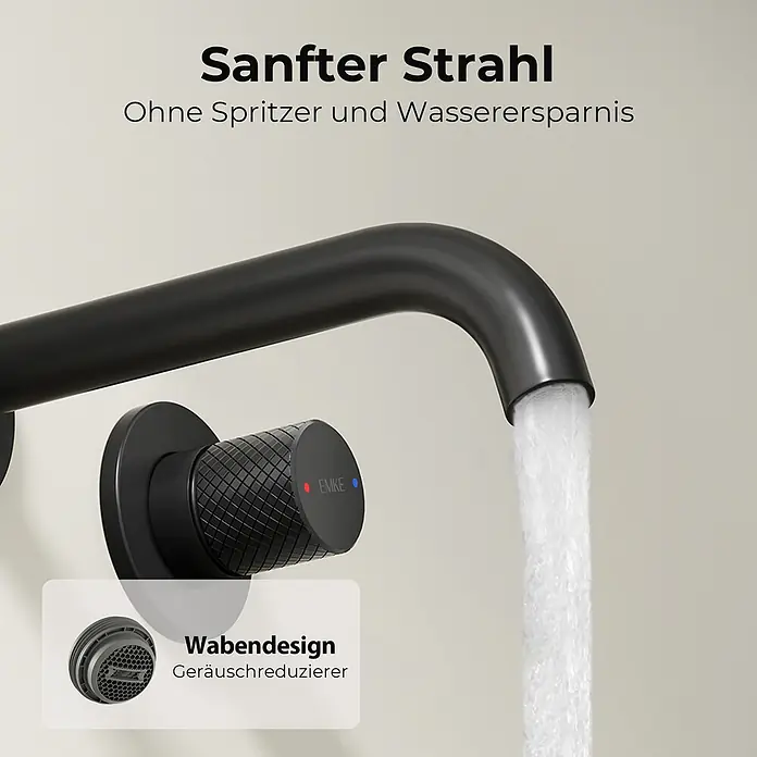Emke Waschtischarmatur Griprill XF22 - Schwarz, Matt - Mattschwarze Armatur mit sanftem, spritzfreiem und wassersparendem Strahl sowie Wabenperlator zur Geräuschreduzierung.