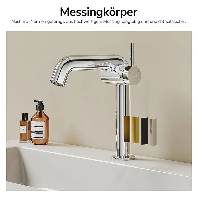 Emke Waschtischarmatur Flowcurv XF24 - Chrom, Glänzend - Moderner Chrom-Wasserhahn mit Messingkörper, gezeigt mit Gold-, Schwarz- und Silber-Finish-Optionen.