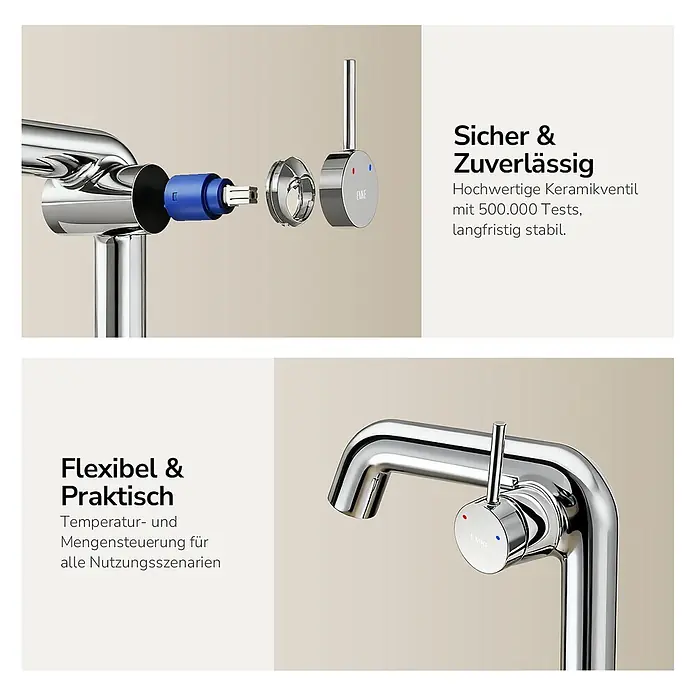 Emke Waschtischarmatur Flowcurv XF24 - Chrom, Glänzend - Verchromter Wasserhahn mit Keramikventil für präzise Temperatur- und Mengensteuerung. Robust und zuverlässig.