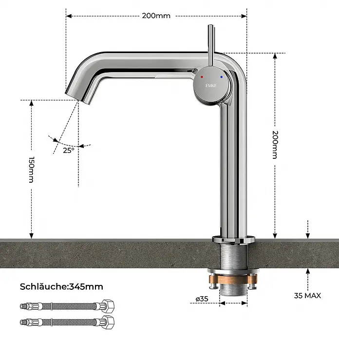 Emke Waschtischarmatur Flowcurv XF24 - Chrom, Glänzend - Verchromter Küchenhahn mit Maßen: 200mm Ausladung, 150mm Höhe, 200mm Gesamthöhe, Ø35mm Montage, 345mm Schläuche.