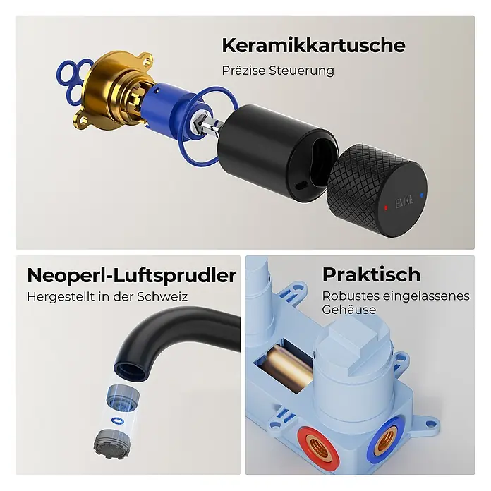 Emke Waschtischarmatur Griprill XF22 - Schwarz, Matt - Detaillierte Ansicht von Armaturenkomponenten: Keramikkartusche, Luftsprudler und robustes Einbaugehäuse.
