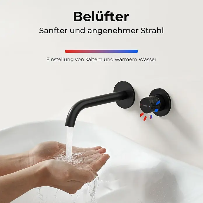 Emke Waschtischarmatur Griprill XF22 - Schwarz, Matt - Schwarzer Wandhahn mit belüftetem Wasser, das in Hände in einem Waschbecken fließt. Passender Regler für Kalt- und Warmwassereinstellung.