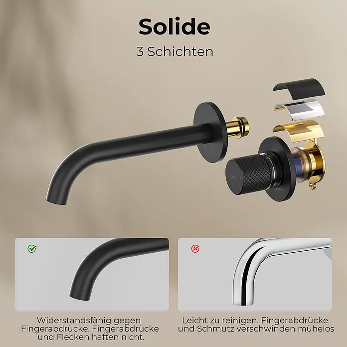Emke Waschtischarmatur Griprill XF22 - Schwarz, Matt - Schwarze Armatur mit Schnittbild ihrer robusten 3-Schichten-Konstruktion und fingerabdruckresistenten Oberfläche.