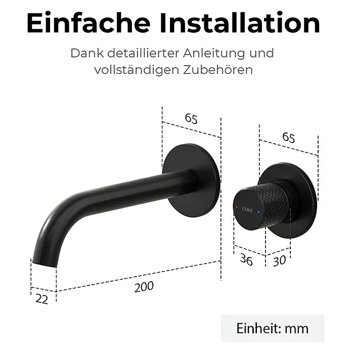 Emke Waschtischarmatur Griprill XF22 - Schwarz, Matt - Mattschwarze Wandarmatur mit separatem Bediengriff und Bemaßungen.
