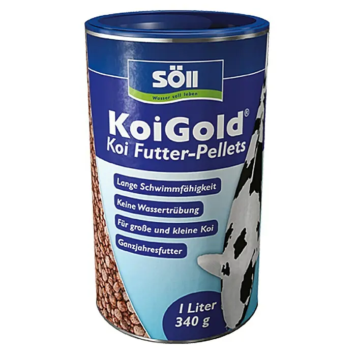 Söll Teich-Fischfutter KoiGold - 340 g - Dose Söll KoiGold Koi Futter-Pellets mit der Aufschrift "Lange Schwimmfähigkeit, Keine Wassertrübung, Für große und kleine Koi, Ganzjahresfutter".