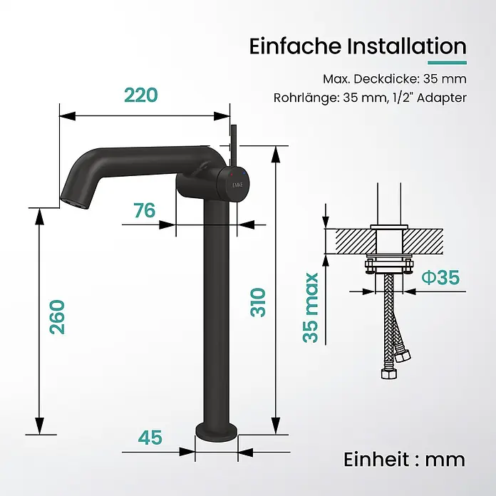 Emke Waschtischarmatur Flowcurv XF24 - Schwarz, Matt - Schwarze Einhebel-Waschtischarmatur mit detaillierten Installationsmaßen, Höhe 310mm und Ausladung 220mm.
