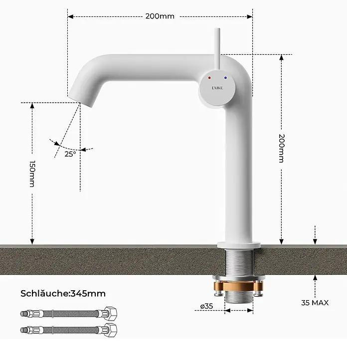 Emke Waschtischarmatur Flowcurv XF24 - Weiß, Matt - Weißer moderner Einhebel-Küchenarmatur mit detaillierten technischen Abmessungen.