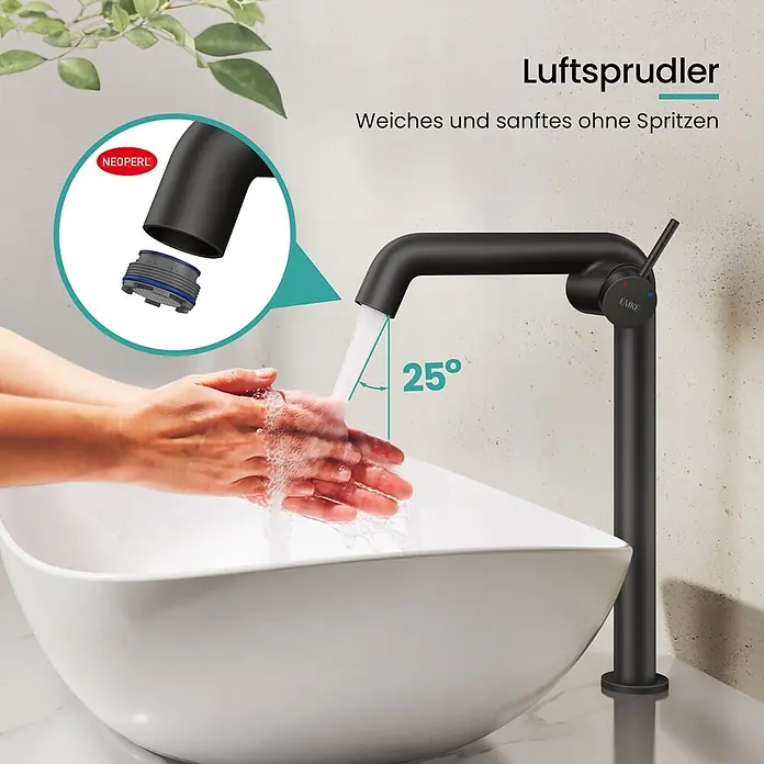 Emke Waschtischarmatur Flowcurv XF24 - Schwarz, Matt - Mattschwarze EMKE Armatur mit Neoperl Luftsprudler liefert sanften, spritzfreien Wasserstrahl im 25°-Winkel in ein weißes Waschbecken; Hände waschen.