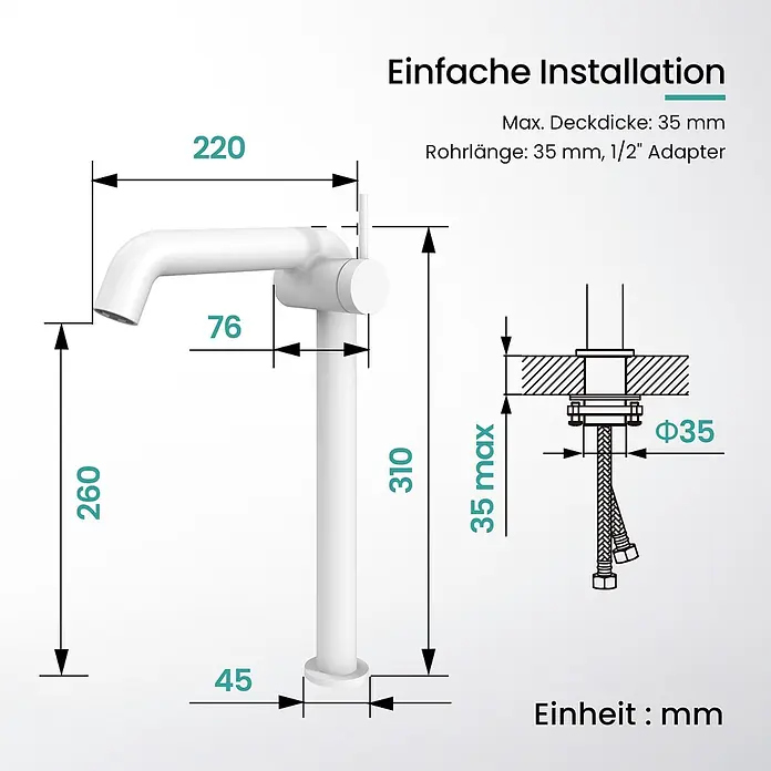 Emke Waschtischarmatur Flowcurv XF24 - Weiß, Matt - Weißer Wasserhahn mit detaillierten Maßen und Installationsangaben, inkl. max. Deckendicke und Bohrlochdurchmesser.