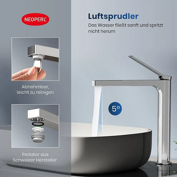 Emke Waschtischarmatur Arcspout XF21 - Chrom, Glänzend - Silberner Wasserhahn mit Neoperl Luftsprudler. Der leicht zu reinigende Schweizer Perlator sorgt für einen sanften, 5° geneigten Wasserstrahl ohne Spritzer.