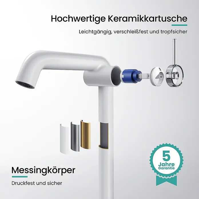 Emke Waschtischarmatur Flowcurv XF24 - Weiß, Matt - Explosionszeichnung eines weißen Wasserhahns mit Messingkörper, hochwertiger Keramikkartusche und 5 Jahren Garantie.